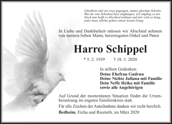 Traueranzeige von Harro Schippel von Südthüringer Presse