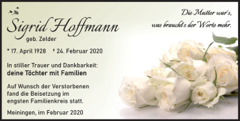 Traueranzeige von Sigrid Hoffmann von Südthüringer Presse