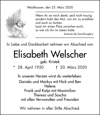 Traueranzeige von Elisabeth Welscher von Neue Presse Coburg