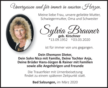 Traueranzeige von Sylvia Brauner von Südthüringer Presse