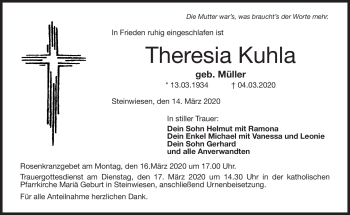 Traueranzeige von Theresia Kuhla von Neue Presse Coburg