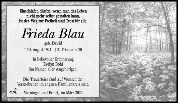 Traueranzeige von Frieda Blau von Südthüringer Presse