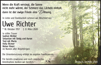 Traueranzeige von Uwe Richter von Südthüringer Presse
