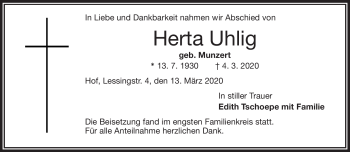 Traueranzeige von Herta Uhlig von Frankenpost