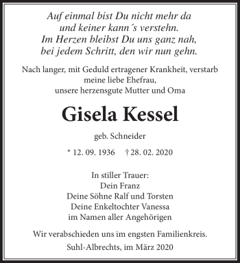 Traueranzeige von Giesela Kessel von Südthüringer Presse