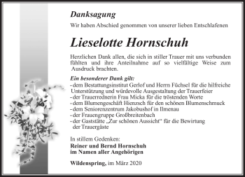 Traueranzeige von Lieselotte Hornschuh von Südthüringer Presse