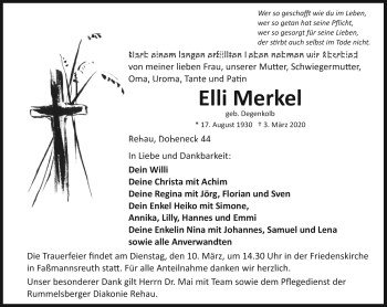 Traueranzeige von Elli Merkel von Frankenpost