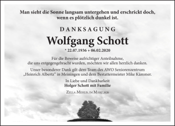 Traueranzeige von Wolfgang Schott von Südthüringer Presse