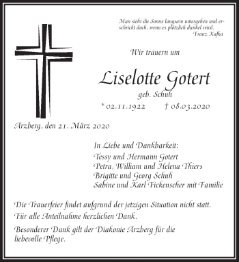 Traueranzeige von Liselotte Gotert von Frankenpost