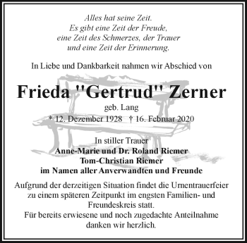 Traueranzeige von Frieda Zerner von Frankenpost