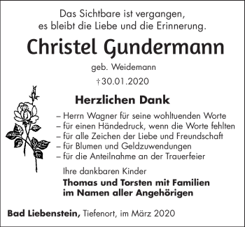 Traueranzeige von Christel Gundermann von Südthüringer Presse