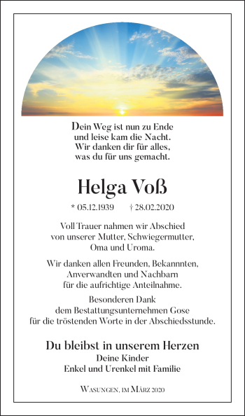 Traueranzeige von Helga Voß von Südthüringer Presse
