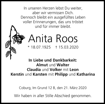 Traueranzeige von Anita Roos von Neue Presse Coburg