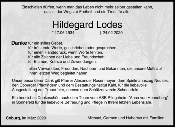 Traueranzeige von Hildegard Lodes von Neue Presse Coburg