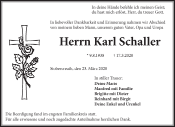 Traueranzeige von Karl Schaller von Frankenpost