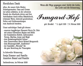Traueranzeige von Irmgard Heß von Südthüringer Presse