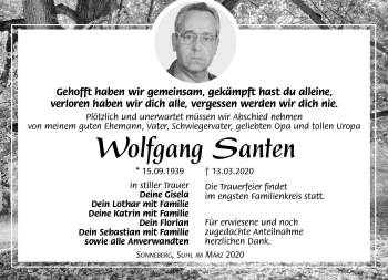 Traueranzeige von Wolfgang Santen von Südthüringer Presse
