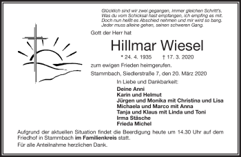 Traueranzeige von Hillmar Wiesel von Frankenpost