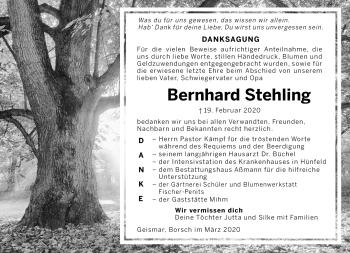 Traueranzeige von Bernhard Stehling von Südthüringer Presse