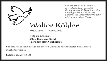 Traueranzeige von Walter Köhler von Südthüringer Presse