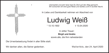 Traueranzeige von Ludwig Weiß von Neue Presse Coburg