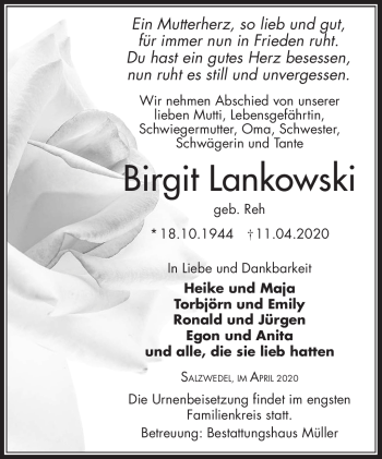Traueranzeige von Birgit Lankowski von Südthüringer Presse