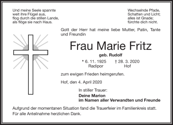 Traueranzeige von Marie Fritz von Frankenpost