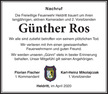 Traueranzeige von Günther Ros von Südthüringer Presse