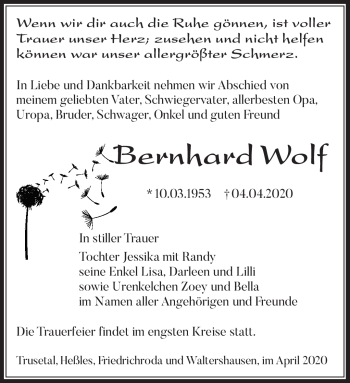 Traueranzeige von Bernhard Wolf von Südthüringer Presse