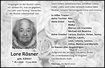 Traueranzeige von Lore Rösner von Südthüringer Presse