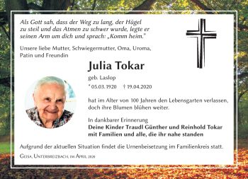 Traueranzeige von Julia Tokar von Südthüringer Presse