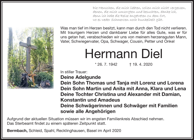  Traueranzeige für Hermann Diel vom 25.04.2020 aus Südthüringer Presse
