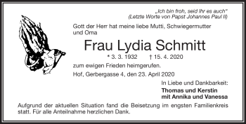 Traueranzeige von Lydia Schmitt von Frankenpost