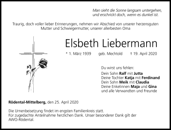 Traueranzeige von Elsbeth Liebermann von Neue Presse Coburg