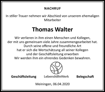 Traueranzeige von Thomas Walter von Südthüringer Presse