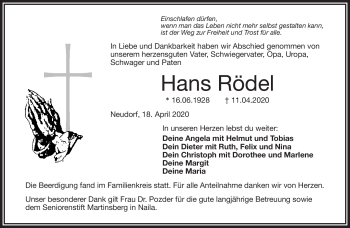 Traueranzeige von Hans Rödel von Frankenpost