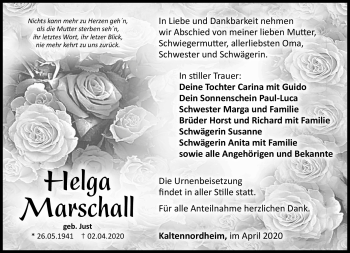 Traueranzeige von Helga Marschall von Südthüringer Presse