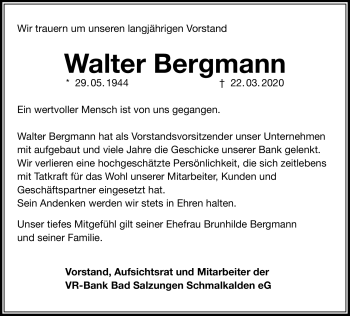 Traueranzeige von Walter Bergmann von Südthüringer Presse