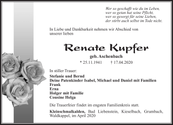 Traueranzeige von Renate Kupfer von Südthüringer Presse