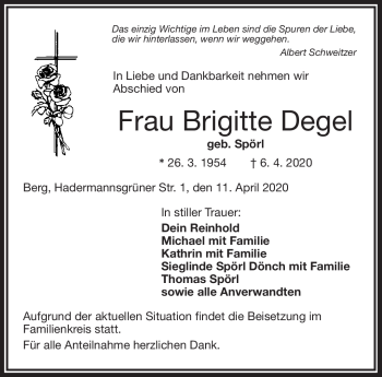 Traueranzeige von Brigitte Degel von Frankenpost