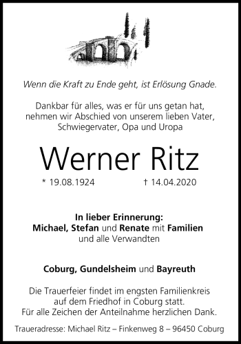 Traueranzeige von Werner Ritz von Neue Presse Coburg