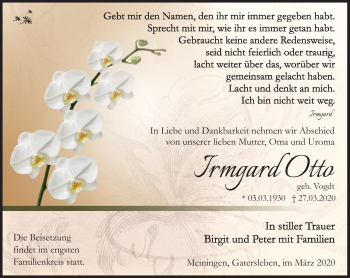 Traueranzeige von Irmgard Otto von Südthüringer Presse