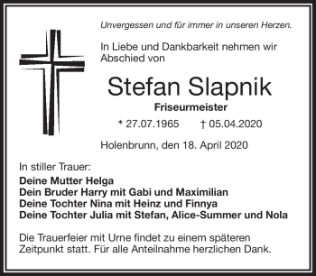Traueranzeige von Stefan Slapnik von Frankenpost