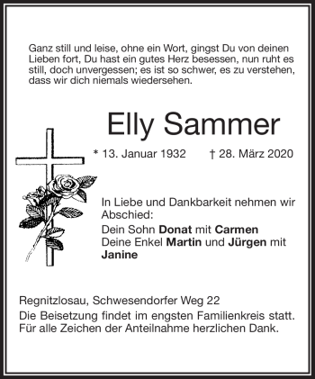 Traueranzeige von Elly Sammer von Frankenpost