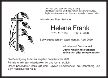 Traueranzeige von Helene Frank von Frankenpost