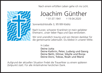 Traueranzeige von Joachim Günther von Frankenpost