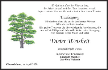 Traueranzeige von Dieter Weisheit von Südthüringer Presse