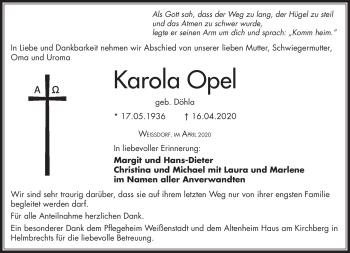 Traueranzeige von Karola Opel von Frankenpost