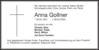 Traueranzeige von Anna Gollner von Frankenpost