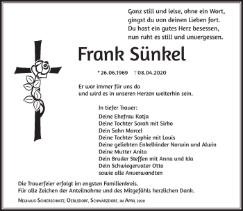 Traueranzeige von Frank Sünkel von Südthüringer Presse